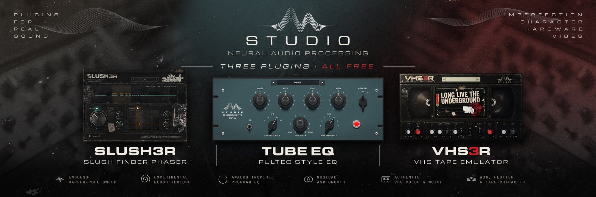 MTHRBORD Studio — three free plugins: SLUSH3R phaser, Tube EQ, and VHS3R tape emulator